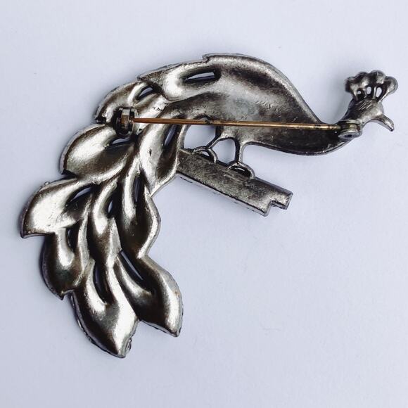 Vintage Mid Century Peacock Brooch, Patriotic Glass, Marcasite Style, 1950s Pin - Picture 7 of 9